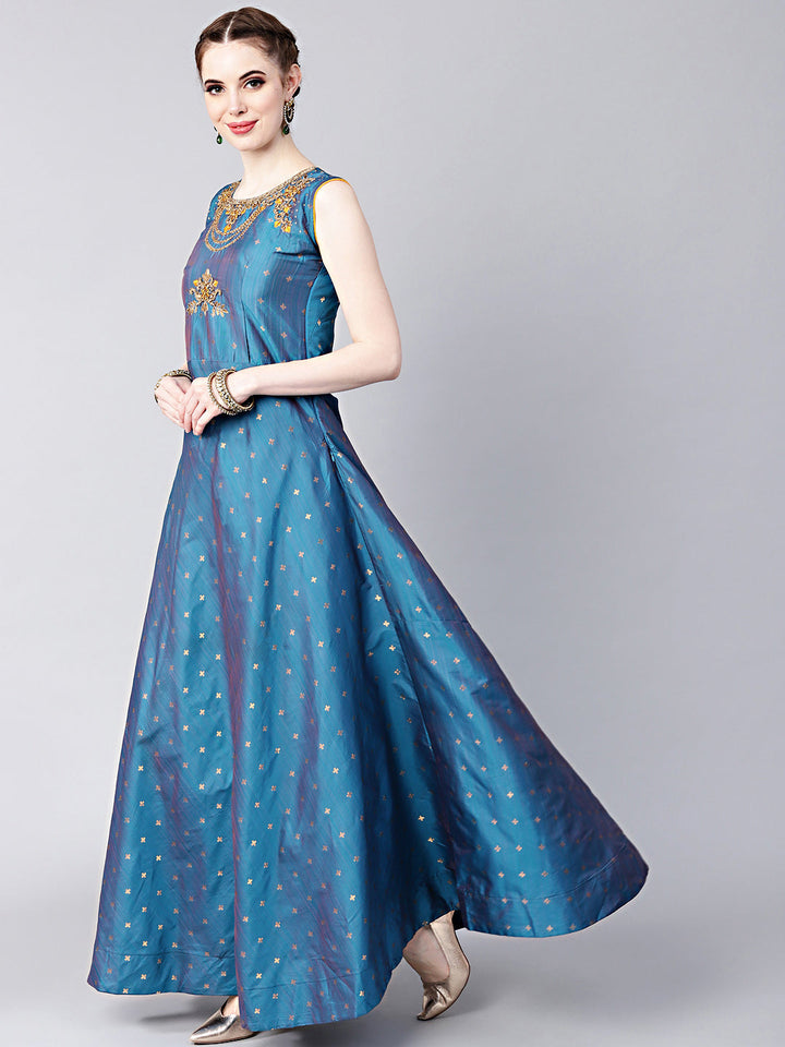 Anarkali Hand Crafted Kurta Set with Jeweled Neckline