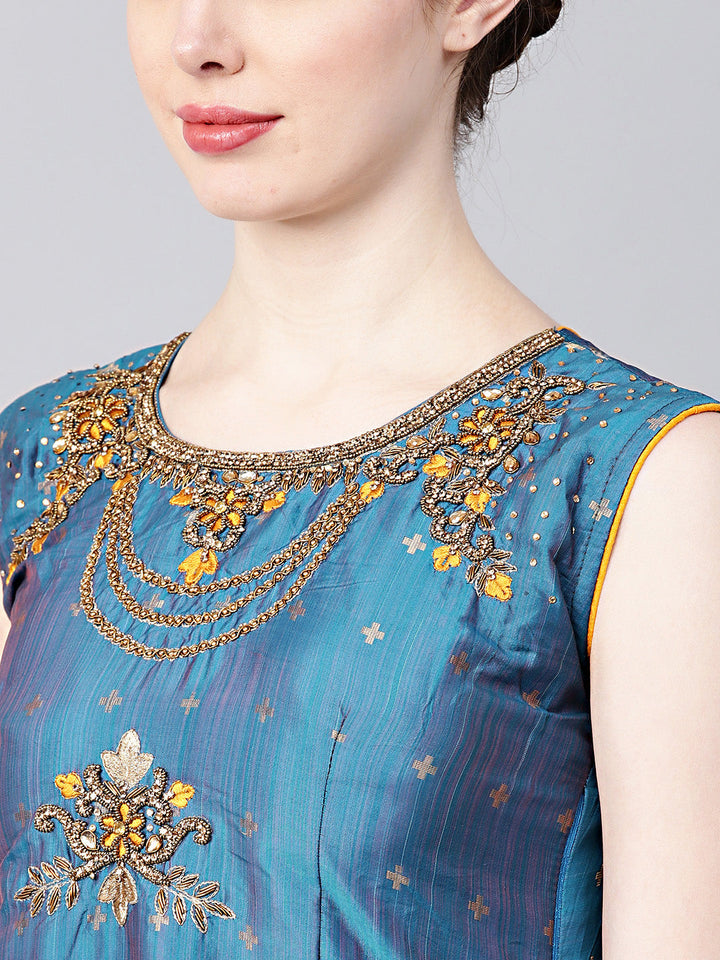 Anarkali Hand Crafted Kurta Set with Jeweled Neckline