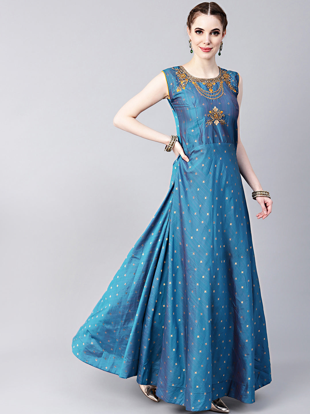 Anarkali Hand Crafted Kurta Set with Jeweled Neckline