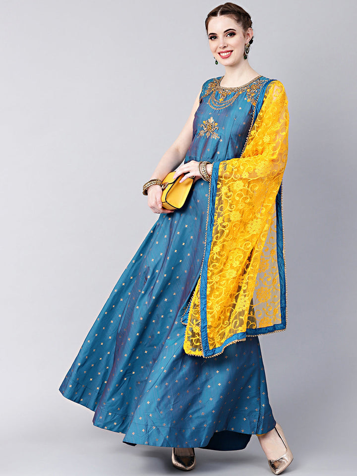 Anarkali Hand Crafted Kurta Set with Jeweled Neckline