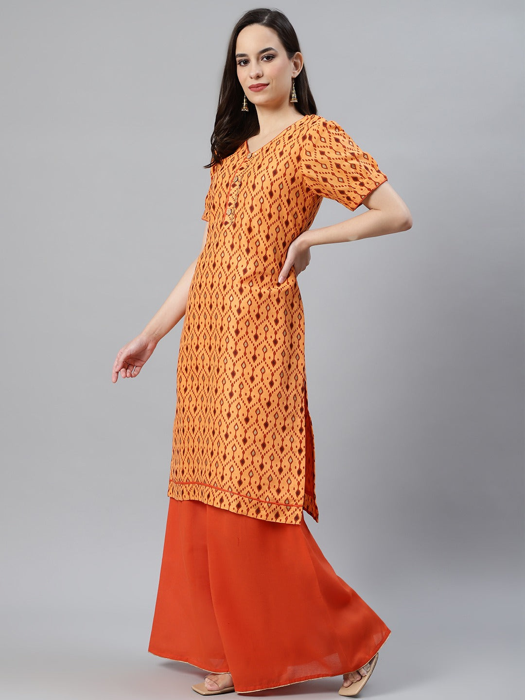 Ikat Inspired Cotton Stitched Kurta Pallazzos Set with Chiffon Gotta Patti Dupatta