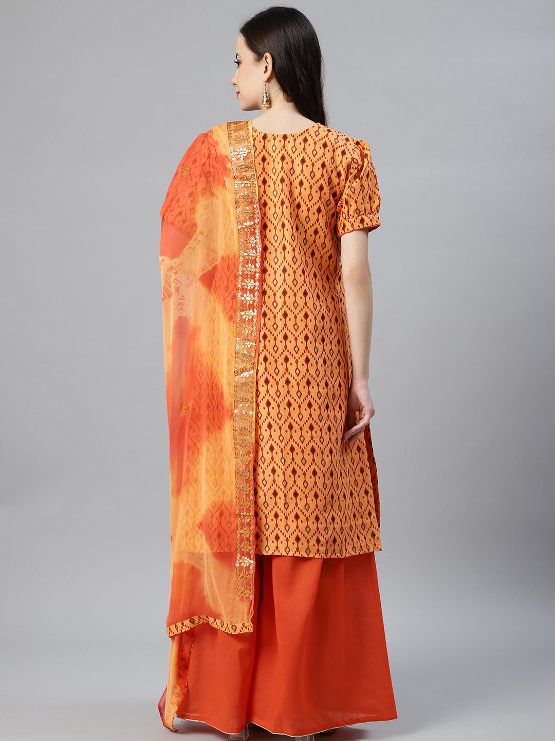 Ikat Inspired Cotton Stitched Kurta Pallazzos Set with Chiffon Gotta Patti Dupatta