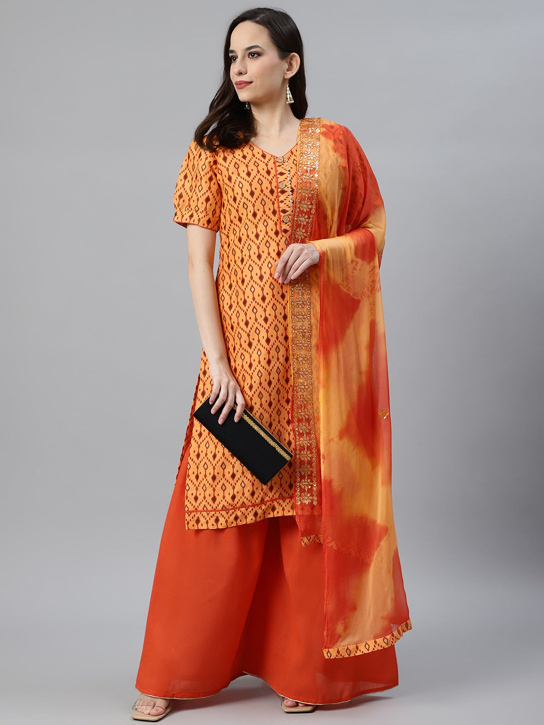 Ikat Inspired Cotton Stitched Kurta Pallazzos Set with Chiffon Gotta Patti Dupatta