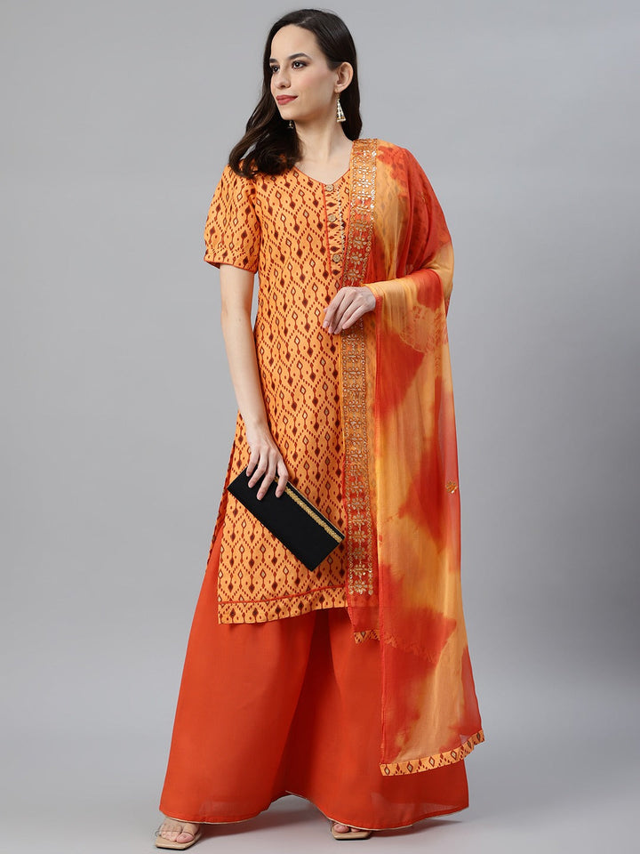 Ikat Inspired Cotton Unstitched Suit with Chiffon Gotta Patti Embroidered Dupatta