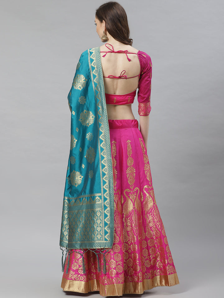 Ombre Semi Stitched Kalidar Banarasi Lehenga Choli With Zari Weaving & Peacock Motifs