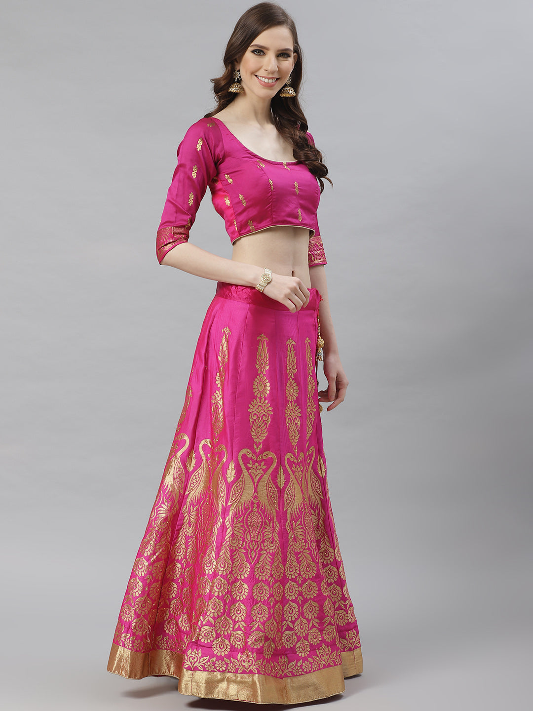 Ombre Semi Stitched Kalidar Banarasi Lehenga Choli With Zari Weaving & Peacock Motifs
