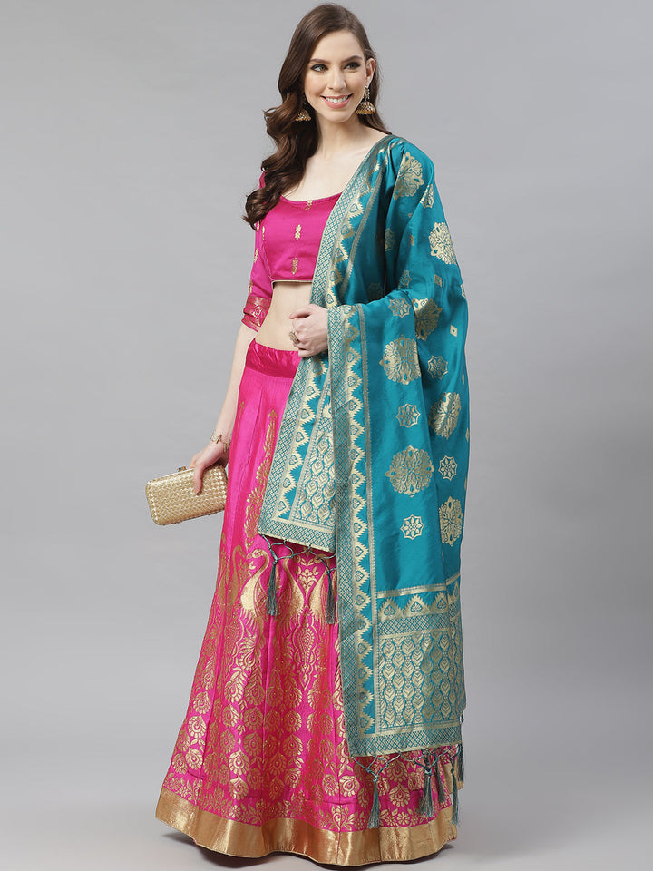 Ombre Semi Stitched Kalidar Banarasi Lehenga Choli With Zari Weaving & Peacock Motifs