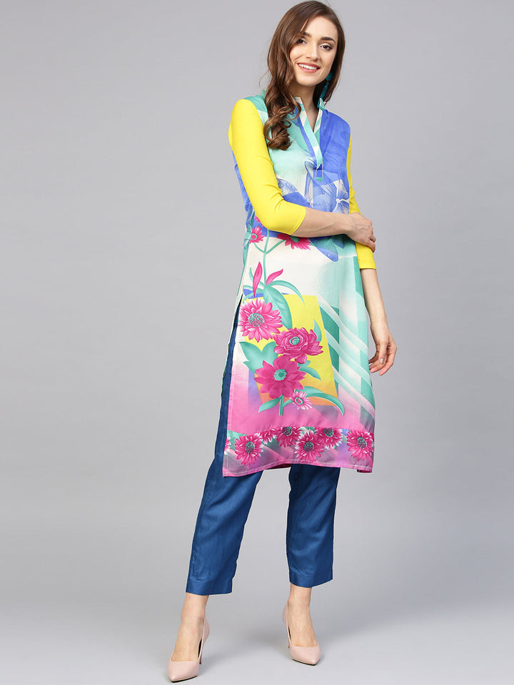 Teal Contemporary Printed Straight Kurta with Mandarin Collar and Abstract Design