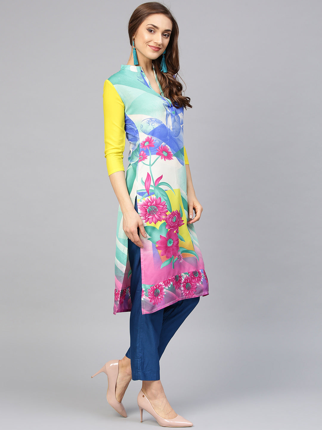 Teal Contemporary Printed Straight Kurta with Mandarin Collar and Abstract Design