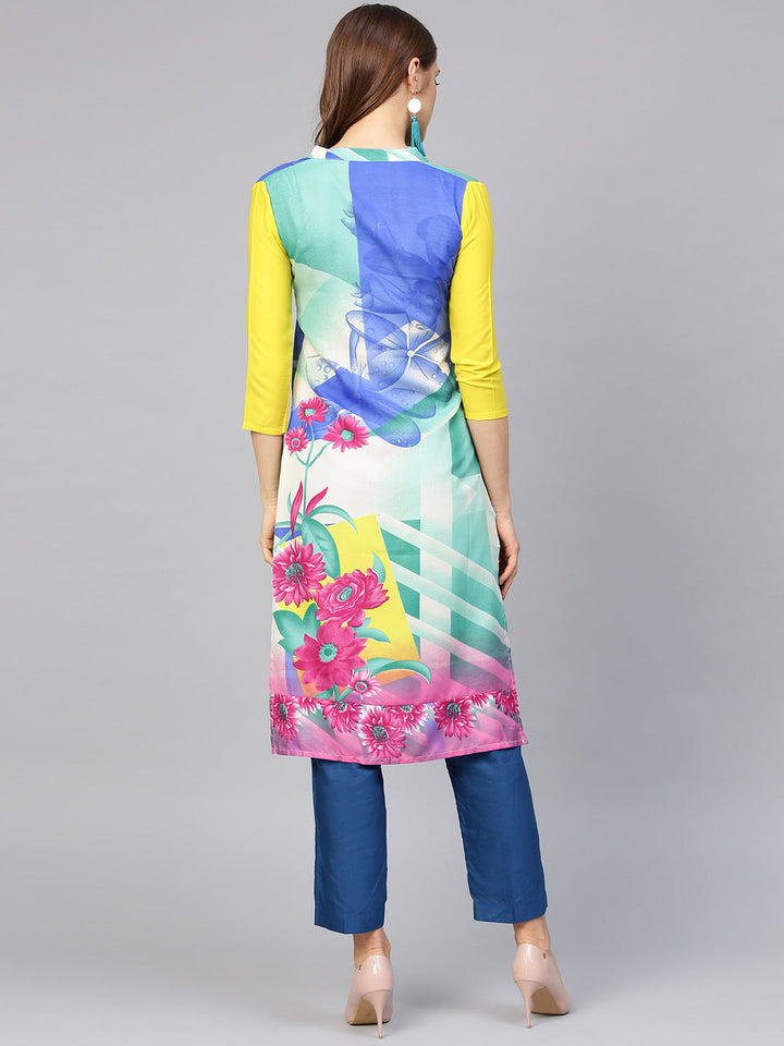 Teal Contemporary Printed Straight Kurta with Mandarin Collar and Abstract Design