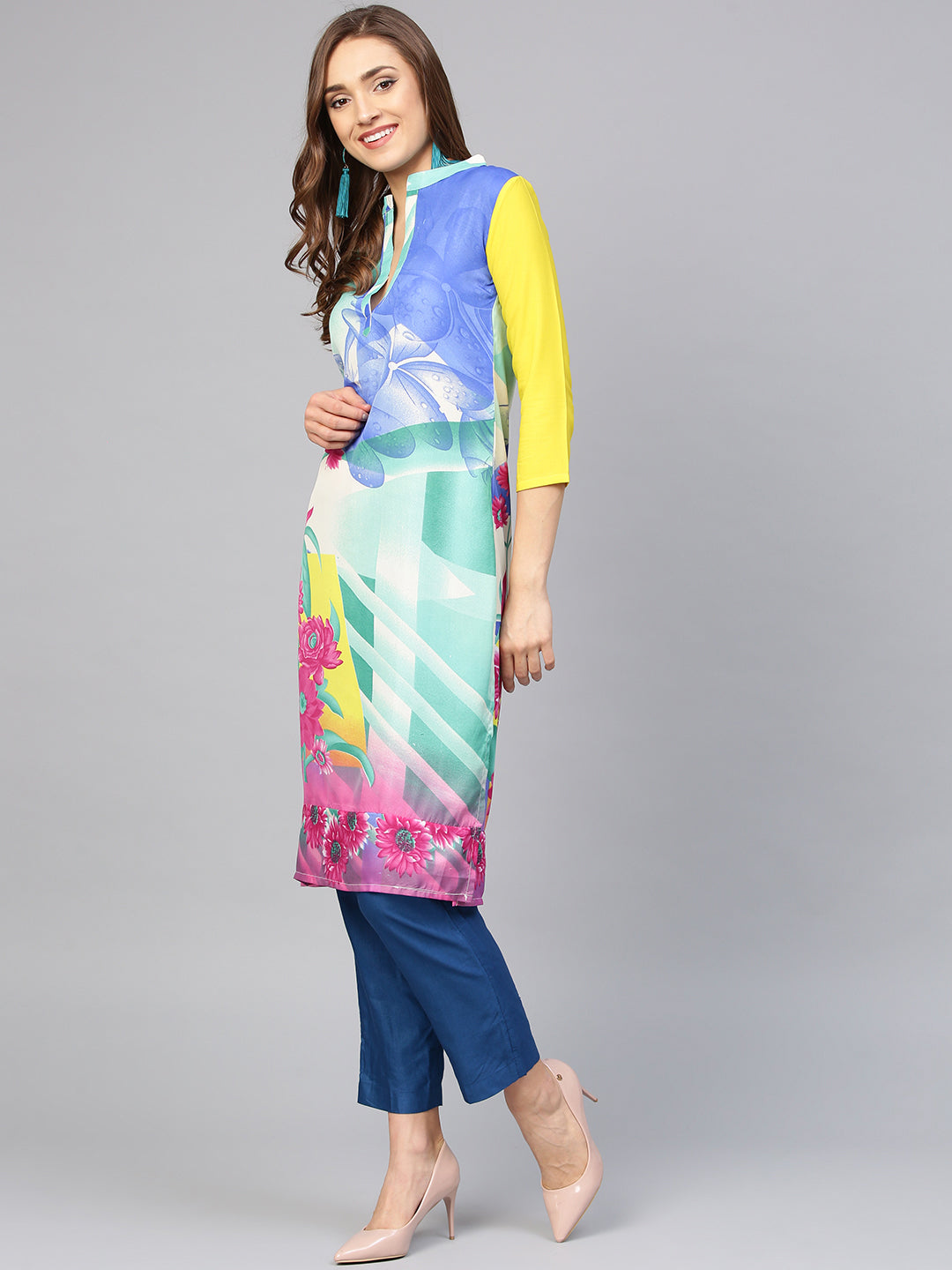 Teal Contemporary Printed Straight Kurta with Mandarin Collar and Abstract Design