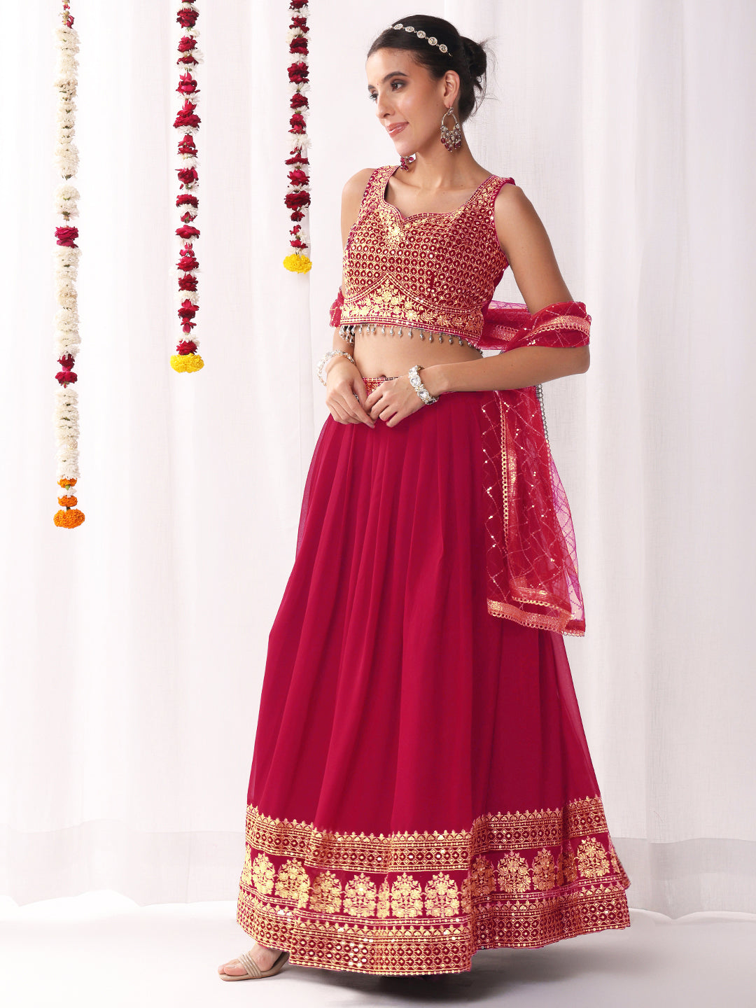 Flared Georgette Lehenga Set wtith Choli Cut Tasseled Bouse & Sequinned Dupatta