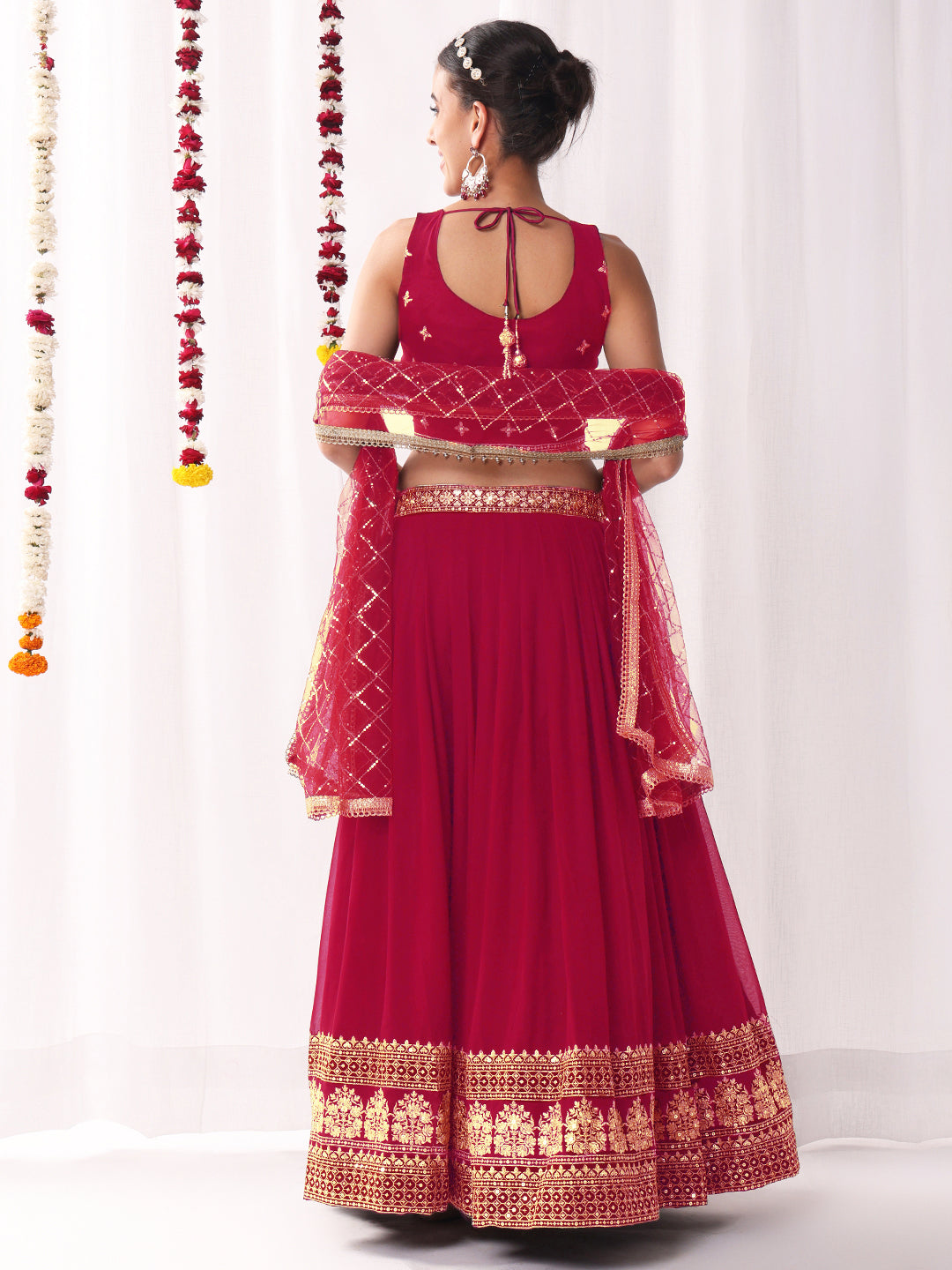 Flared Georgette Lehenga Set wtith Choli Cut Tasseled Bouse & Sequinned Dupatta