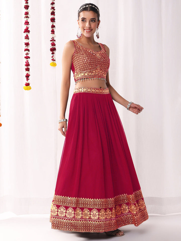 Flared Georgette Lehenga Set wtith Choli Cut Tasseled Bouse & Sequinned Dupatta