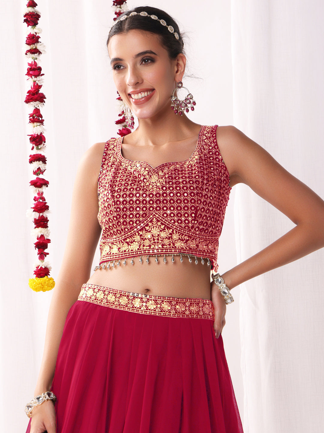 Flared Georgette Lehenga Set wtith Choli Cut Tasseled Bouse & Sequinned Dupatta