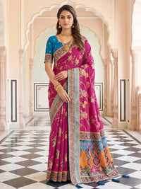 Rani Pink Digital Printed Silk Saree with Contrast Blue Blouse Fabric