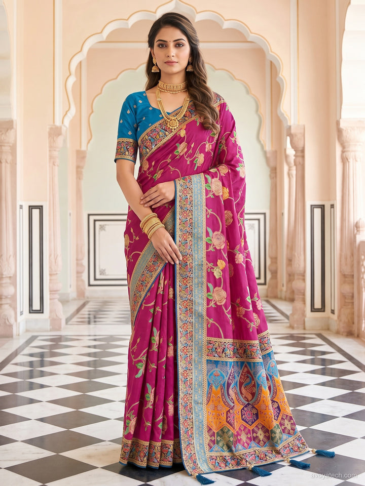 Rani Pink Digital Printed Silk Saree with Contrast Blue Blouse Fabric