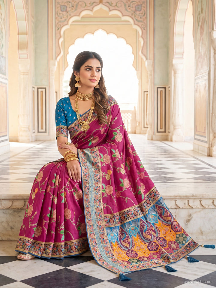Rani Pink Digital Printed Silk Saree with Contrast Blue Blouse Fabric