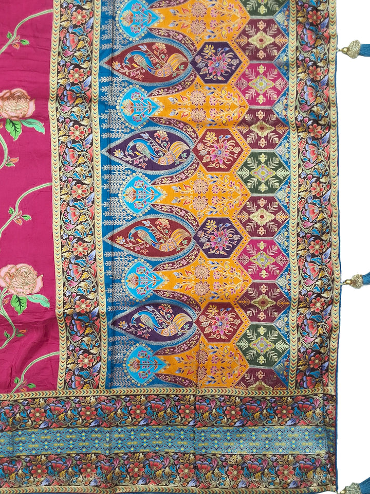 Rani Pink Digital Printed Silk Saree with Contrast Blue Blouse Fabric