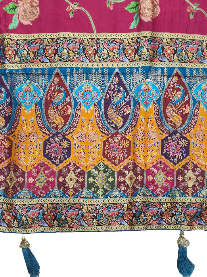Rani Pink Digital Printed Silk Saree with Contrast Blue Blouse Fabric
