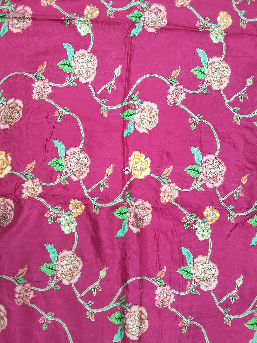 Rani Pink Digital Printed Silk Saree with Contrast Blue Blouse Fabric