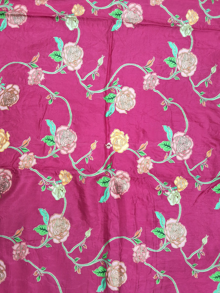 Rani Pink Digital Printed Silk Saree with Contrast Blue Blouse Fabric