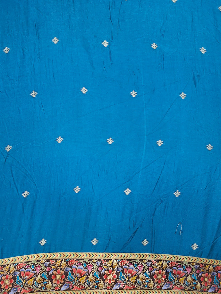 Rani Pink Digital Printed Silk Saree with Contrast Blue Blouse Fabric