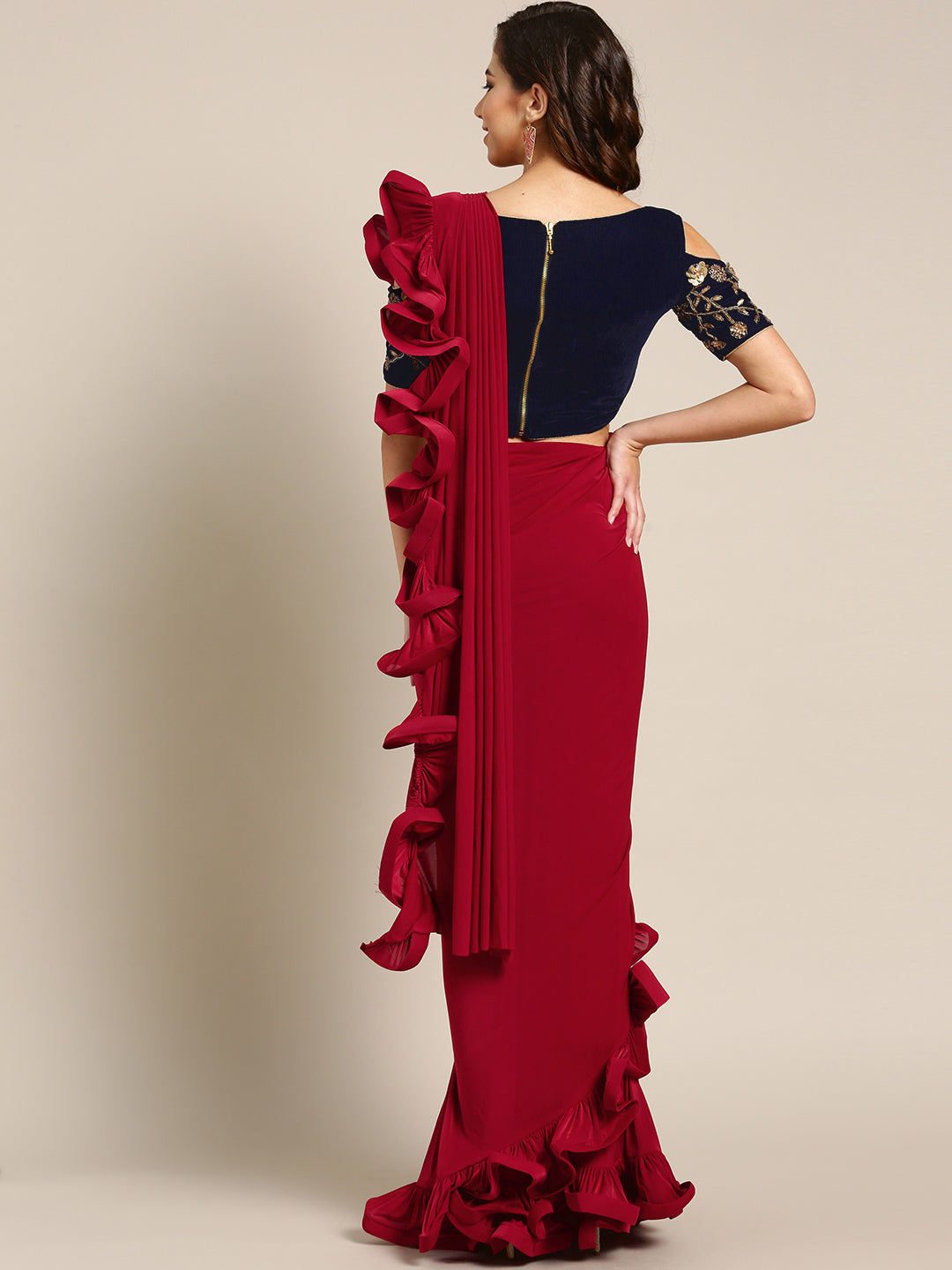 Draped Ruffled Lycra Pre-stitched Saree with Velvet Sequinned Crystal Embellished Blouse