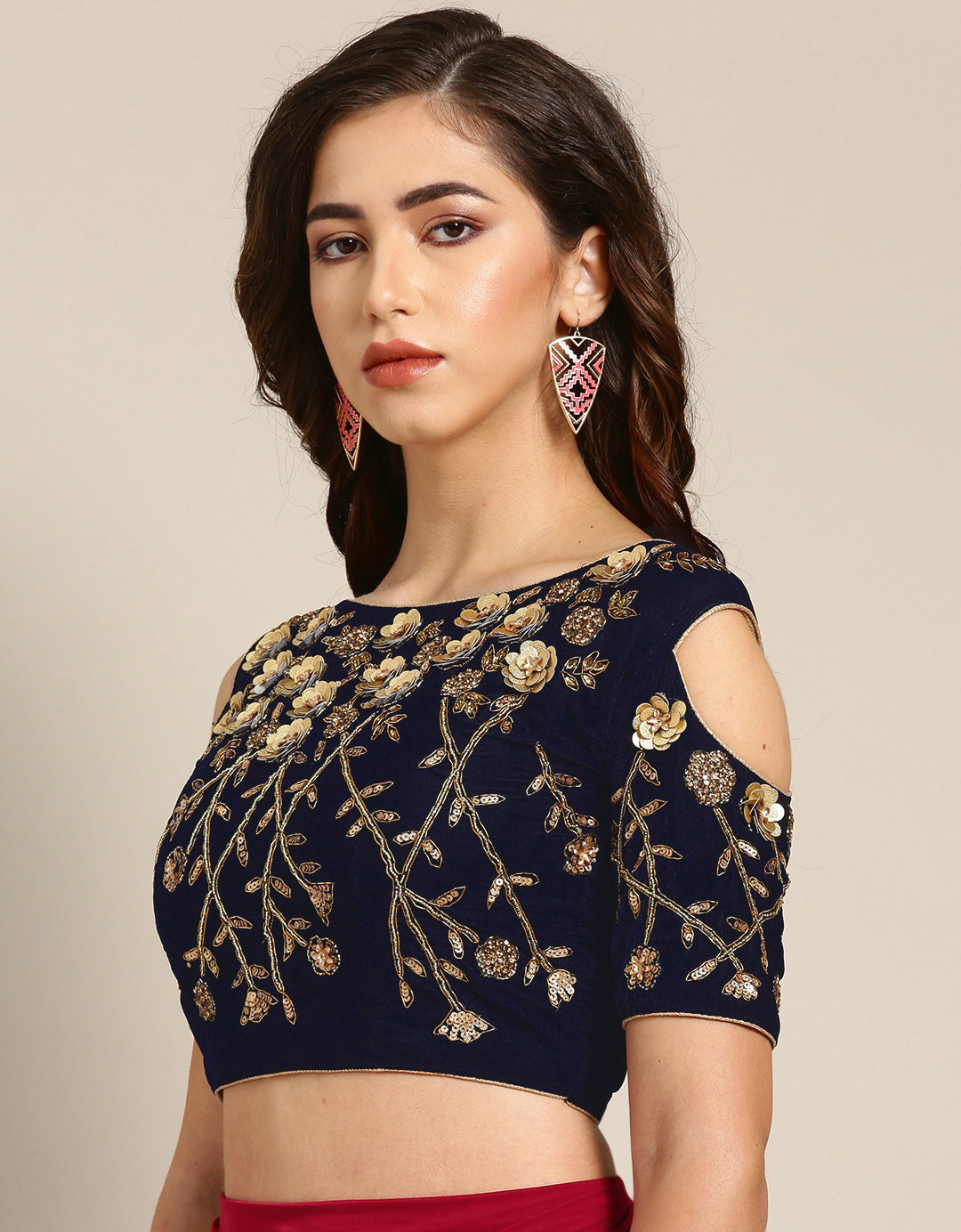 Draped Ruffled Lycra Pre-stitched Saree with Velvet Sequinned Crystal Embellished Blouse
