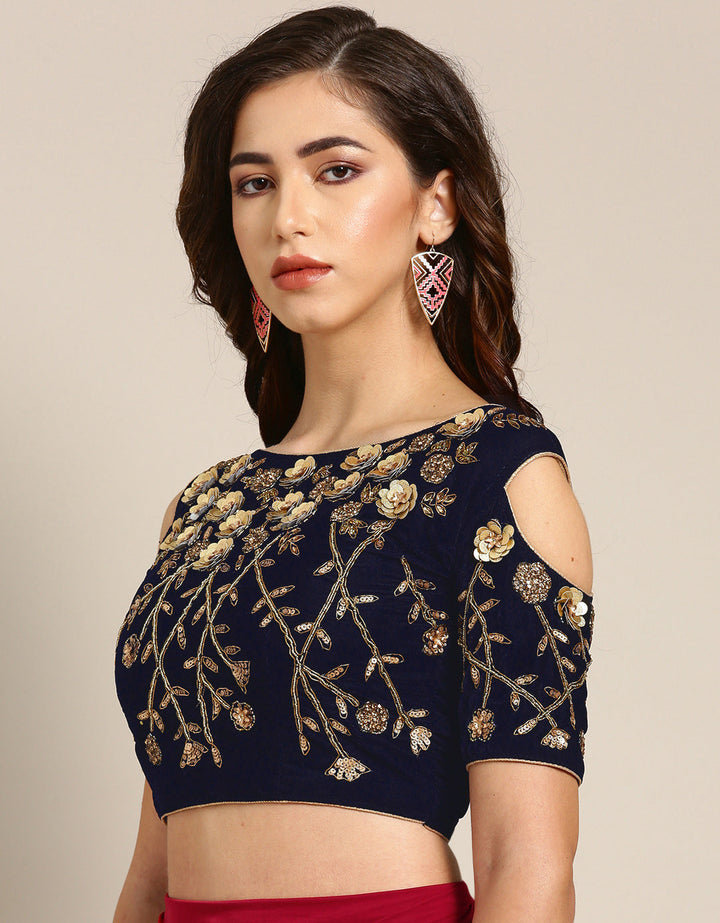 Draped Ruffled Lycra Pre-stitched Saree with Velvet Sequinned Crystal Embellished Blouse