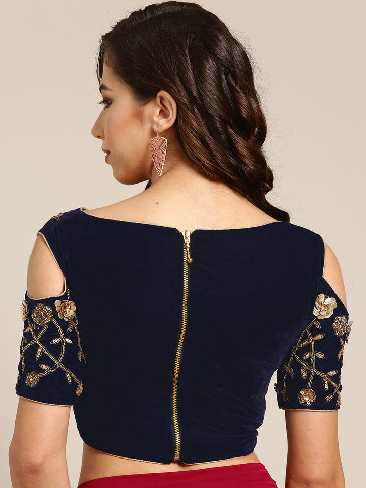 Draped Ruffled Lycra Pre-stitched Saree with Velvet Sequinned Crystal Embellished Blouse