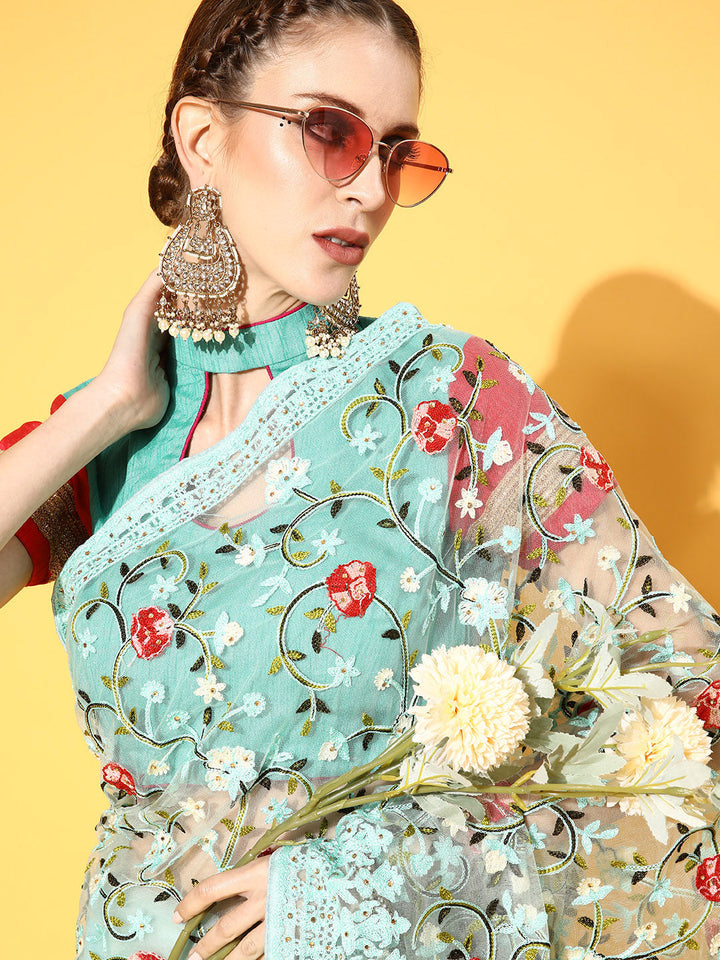 Turquoise Blue Multi Color Resham Embroidered Tulle Saree
