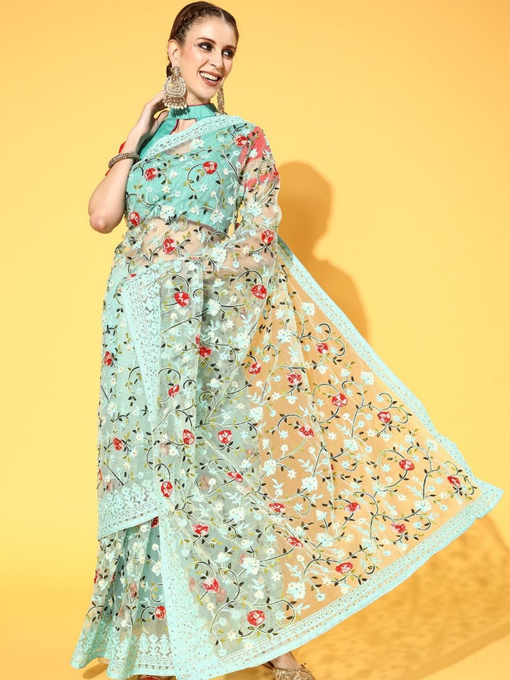 Turquoise Blue Multi Color Resham Embroidered Tulle Saree