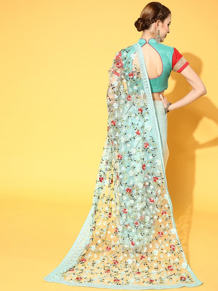 Turquoise Blue Multi Color Resham Embroidered Tulle Saree