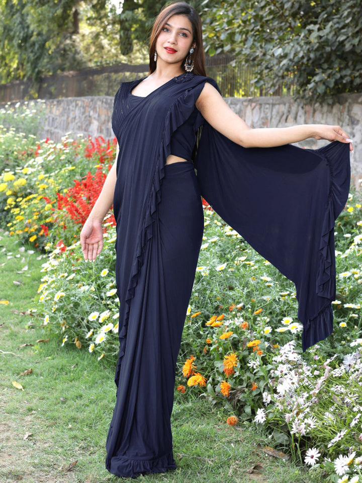 Pre-Draped Embellished Ruffled Saree with Structured Pleated Blouse