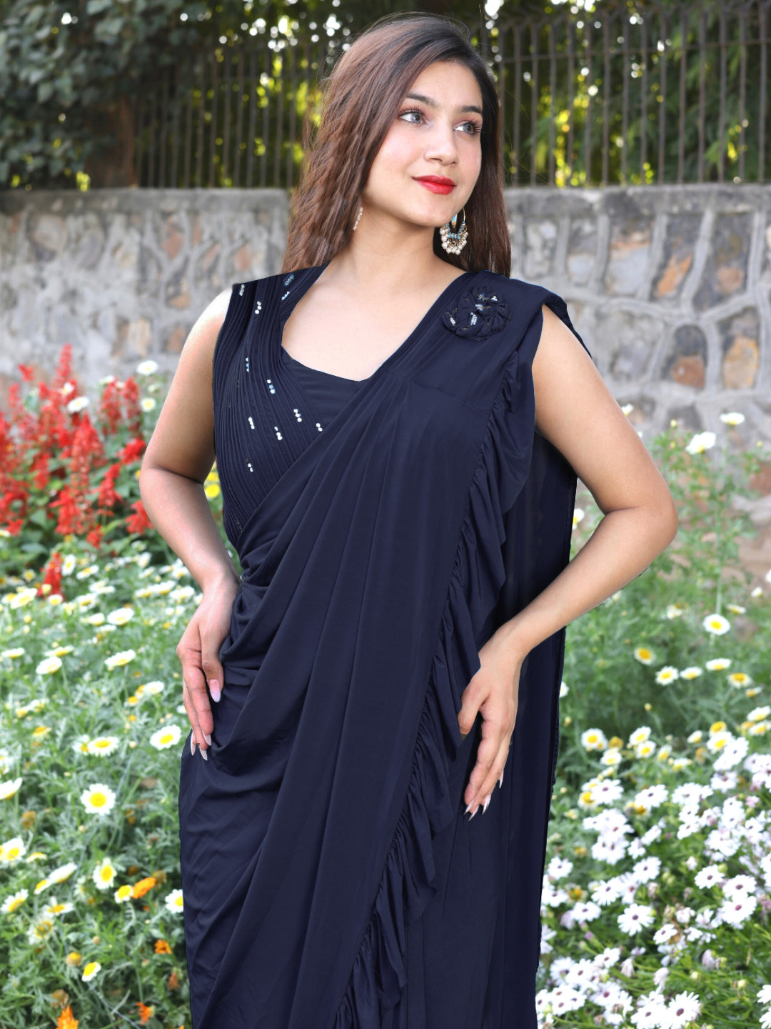 Pre-Draped Embellished Ruffled Saree with Structured Pleated Blouse