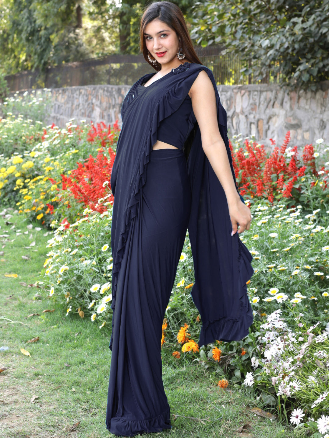 Pre-Draped Embellished Ruffled Saree with Structured Pleated Blouse