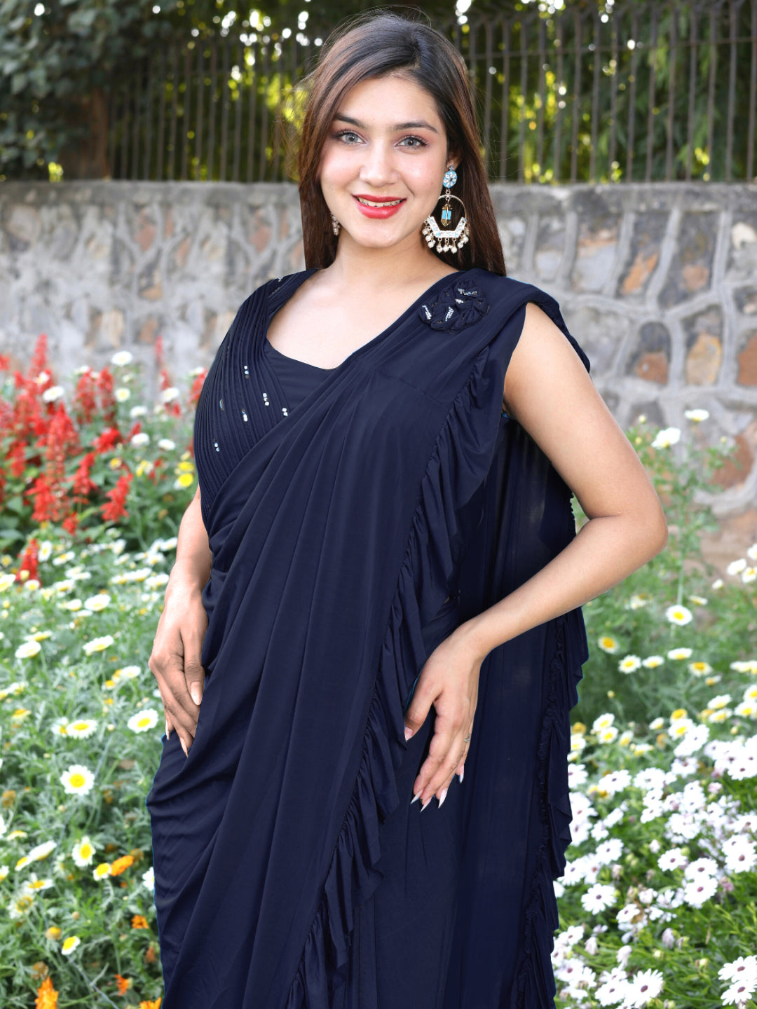 Pre-Draped Embellished Ruffled Saree with Structured Pleated Blouse