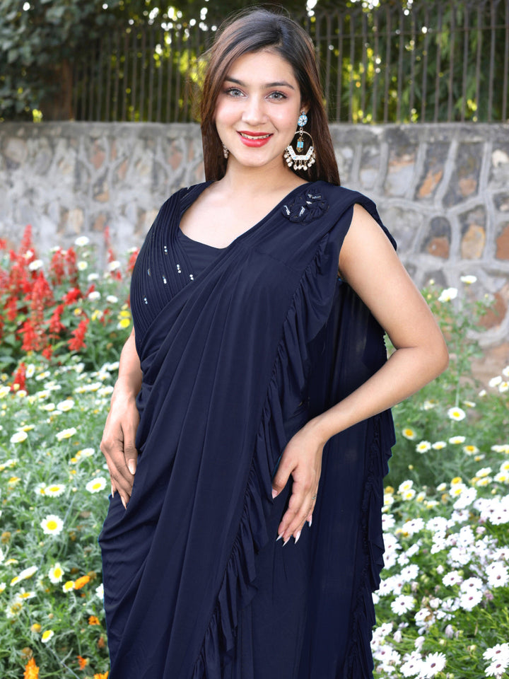 Pre-Draped Embellished Ruffled Saree with Structured Pleated Blouse