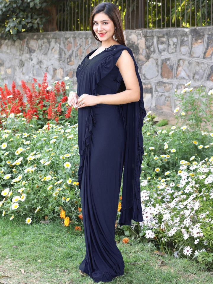 Pre-Draped Embellished Ruffled Saree with Structured Pleated Blouse