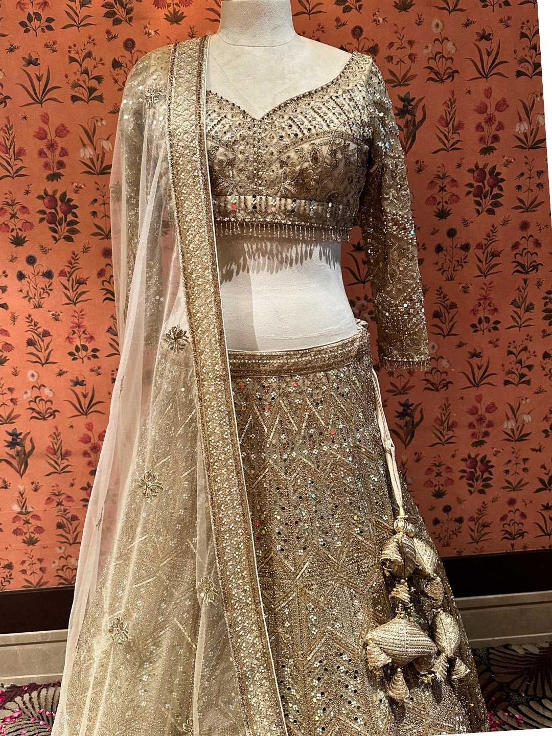 Ethereal Beige Tassel-Accented Bridal Lehenga