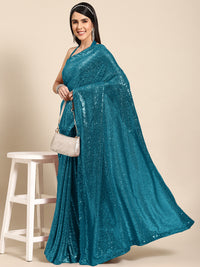 Chhabra 555 Metallic Turquoise Allover Sequin Embellished Bling Lycra Cocktail Saree