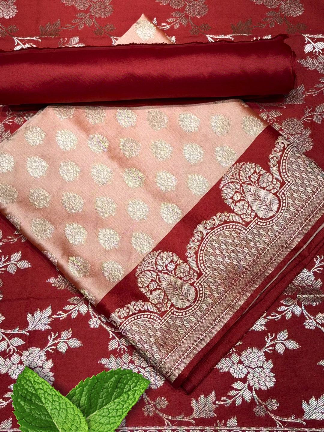 Banarasi Silk Colorblocked Dress Material with Tropical Zari Weaving & Jhalar Dupatta