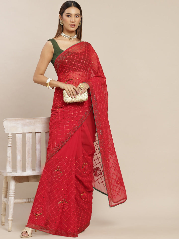 Red Resham Embroidered Georgette Saree With Contrast Dupion Blouse