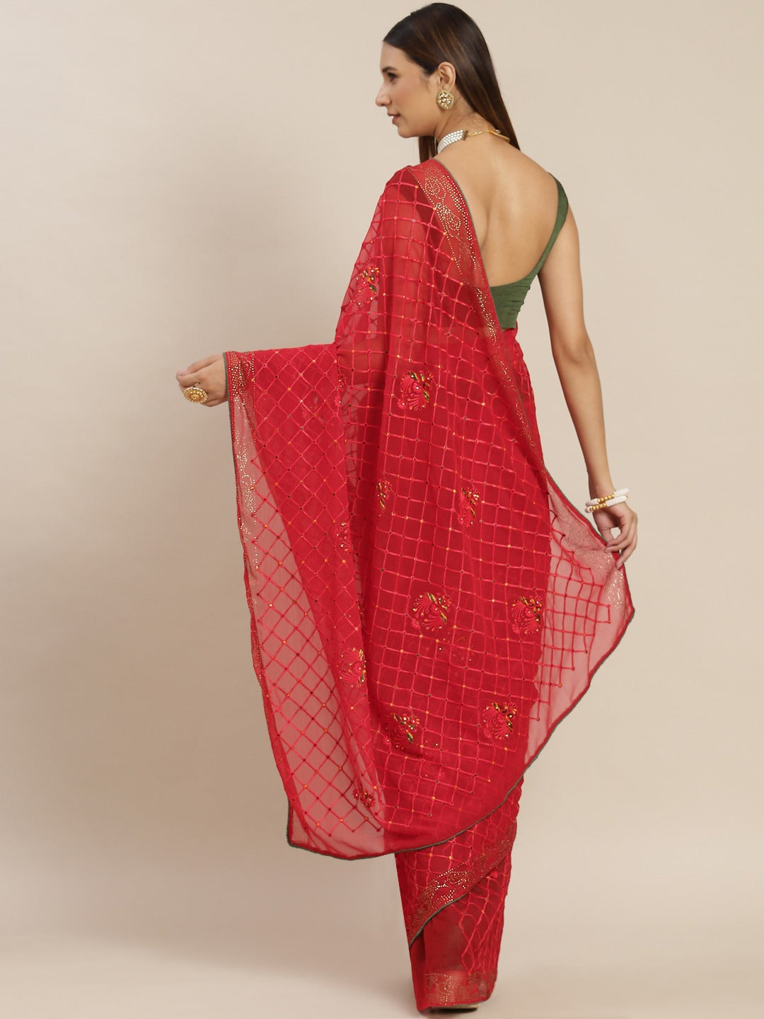Red Resham Embroidered Georgette Saree With Contrast Dupion Blouse