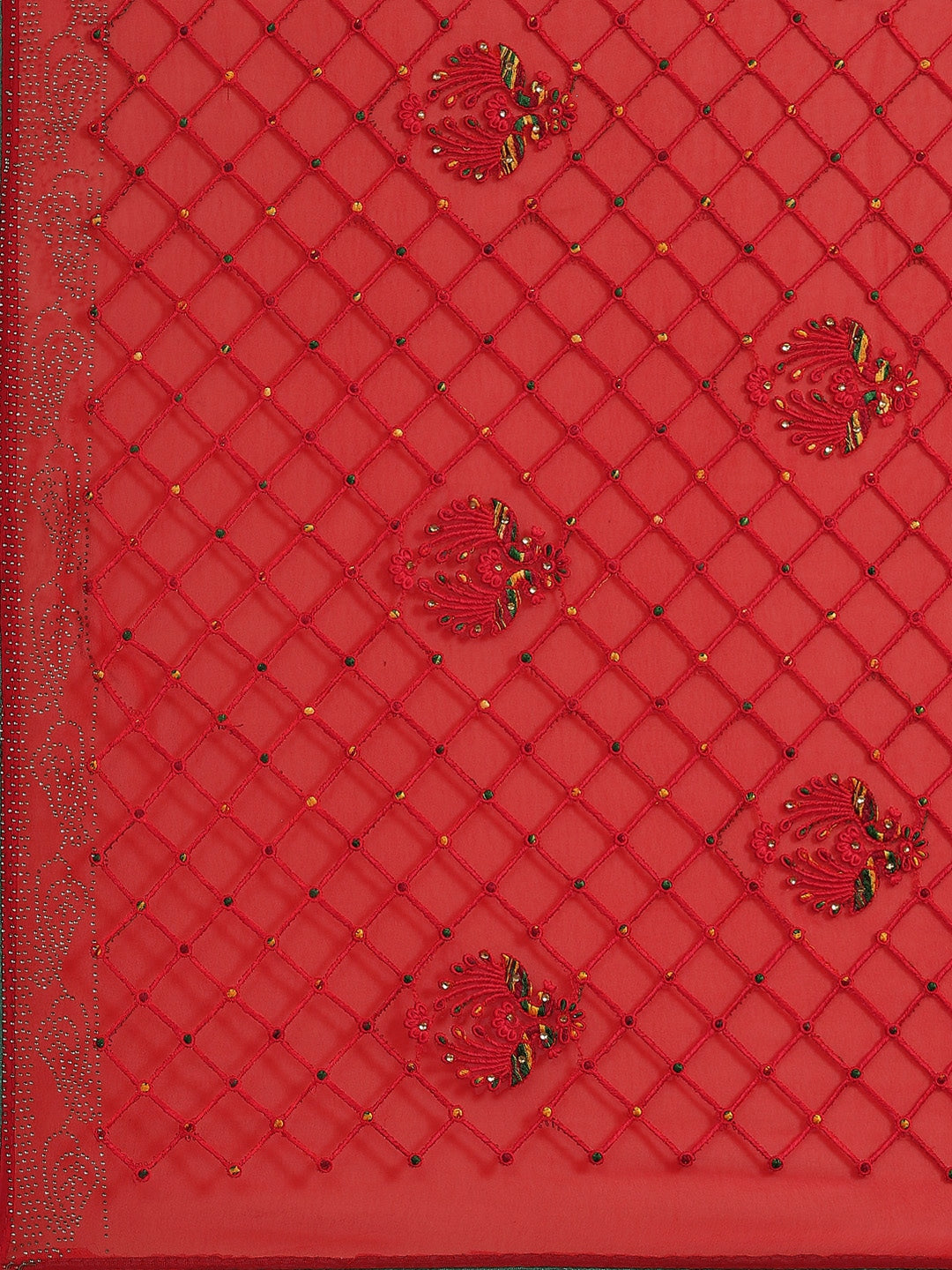 Red Resham Embroidered Georgette Saree With Contrast Dupion Blouse