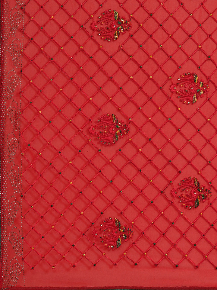 Red Resham Embroidered Georgette Saree With Contrast Dupion Blouse