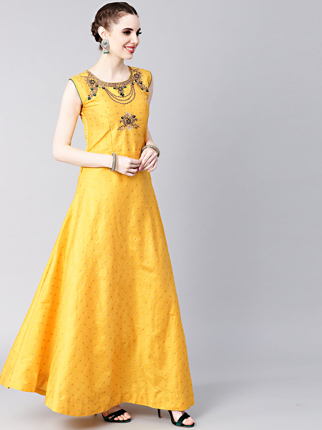 Anarkali Hand crafted Kurta Set with Jeweled Neckline