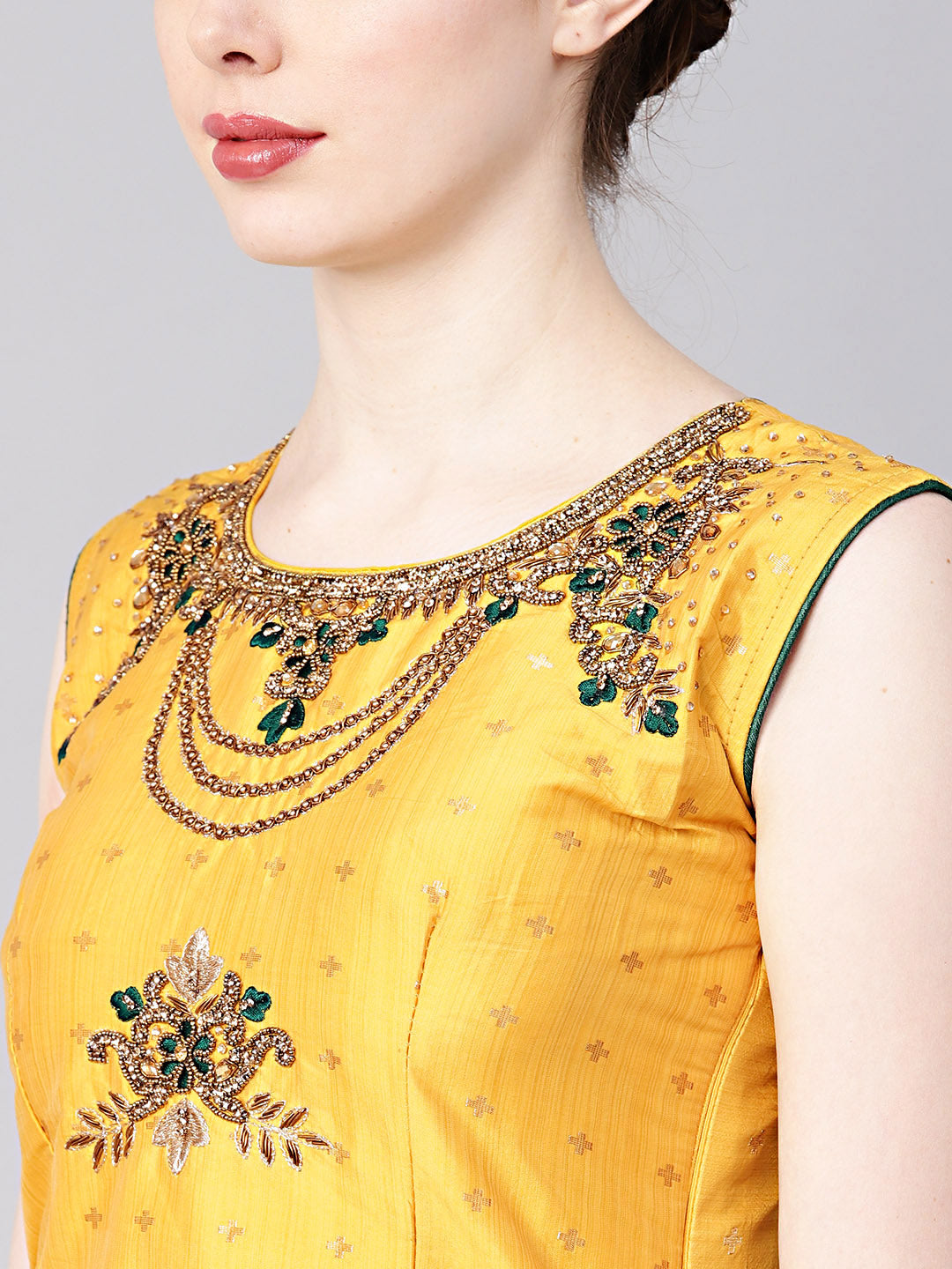 Anarkali Hand crafted Kurta Set with Jeweled Neckline