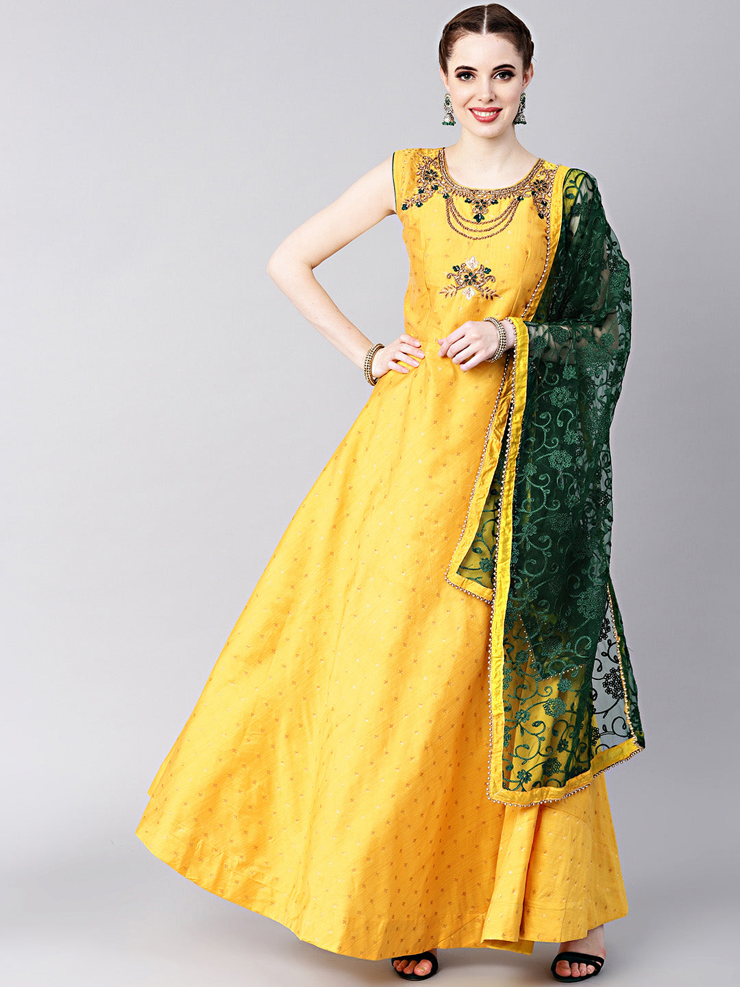 Anarkali Hand crafted Kurta Set with Jeweled Neckline